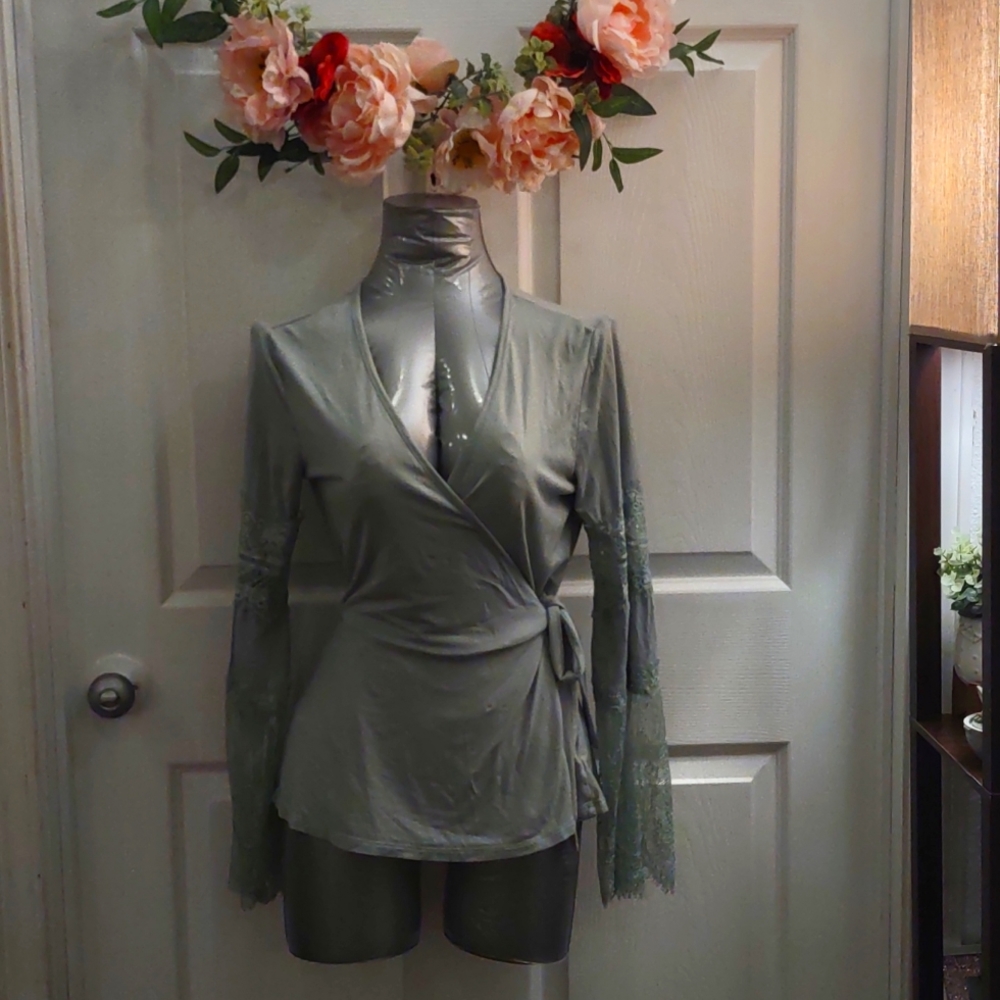 Sage green lace sleeve jersey wrap top